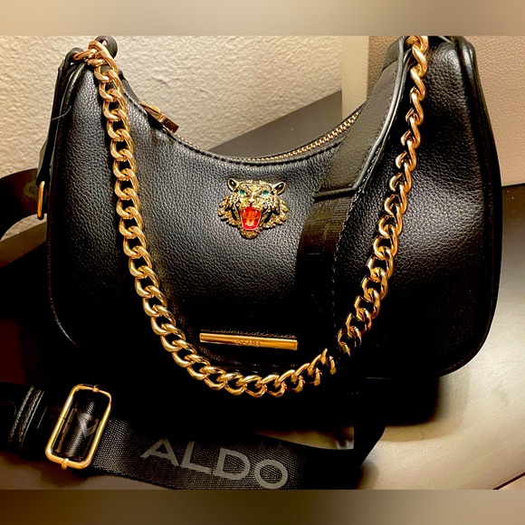 Aldo Black Shoulder Bag with Gold Chain and Tiger Detail - Picture 1 of 11